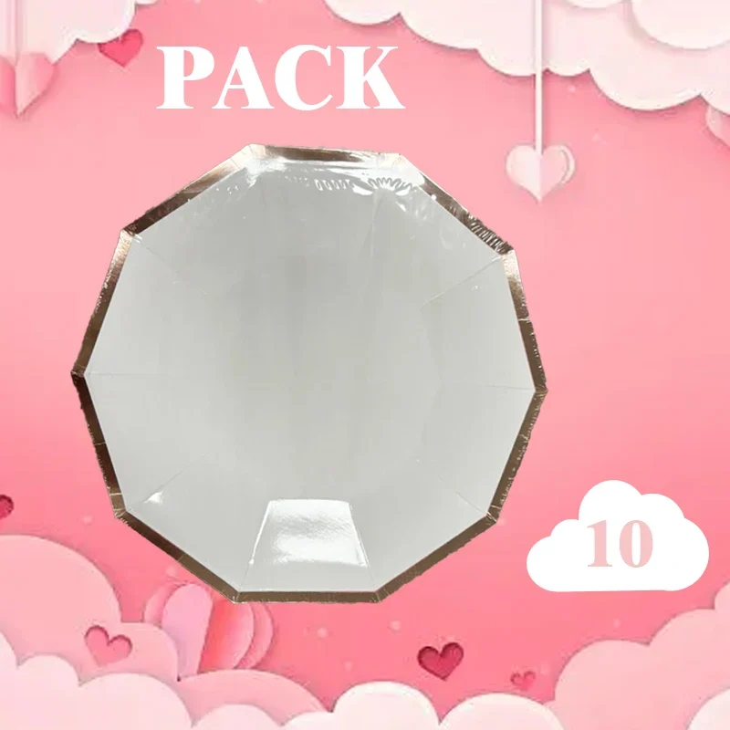 Eco-friendly Decagon Paper Plates Couples Birthday Party Food Safe Rose Gold Foil Trim Edge White Dinner Tableware Supplies