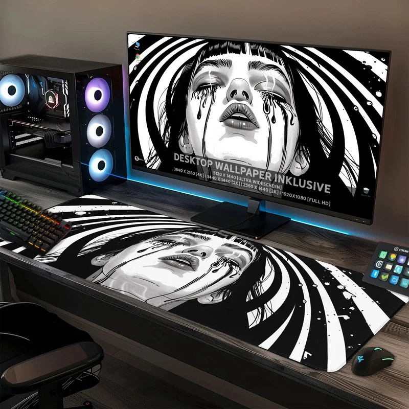 Gaming Mauspad XXL Crying Girl Black n White 90x40 | 80x30 | 45x40 cm 4mm Premium