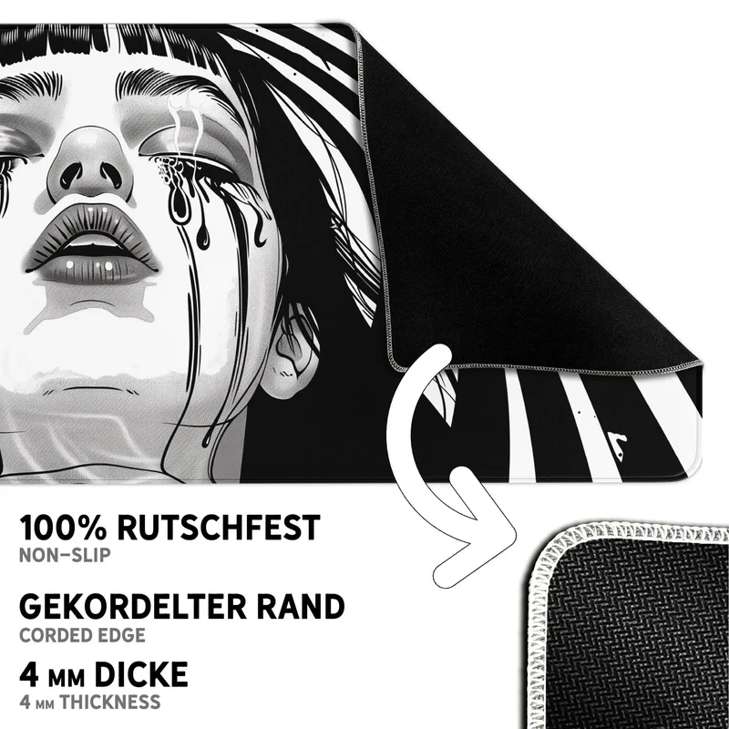 Gaming Mauspad XXL Crying Girl Black n White 90x40 | 80x30 | 45x40 cm 4mm Premium
