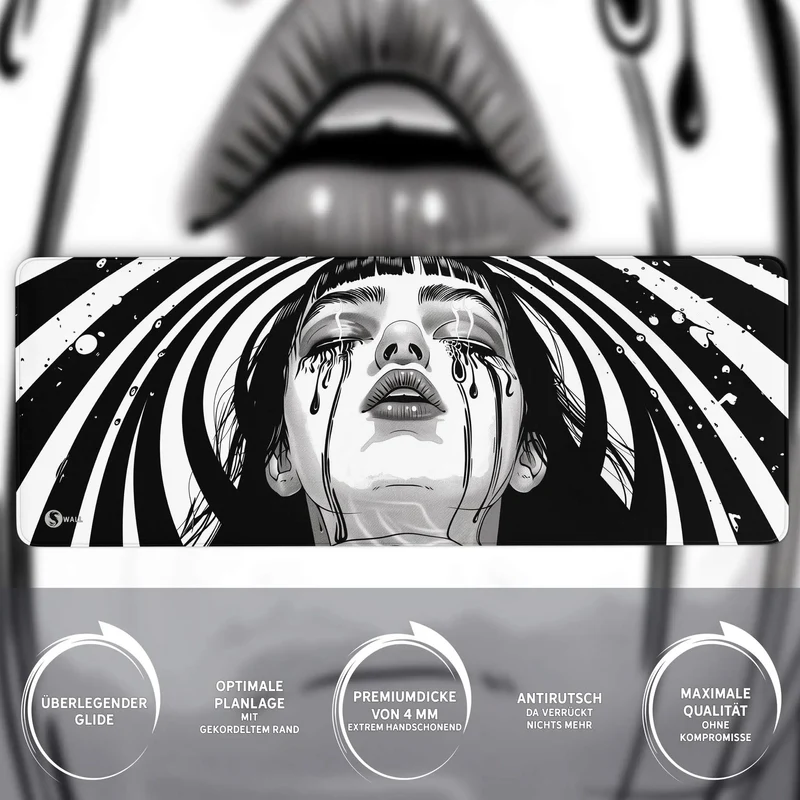 Gaming Mauspad XXL Crying Girl Black n White 90x40 | 80x30 | 45x40 cm 4mm Premium