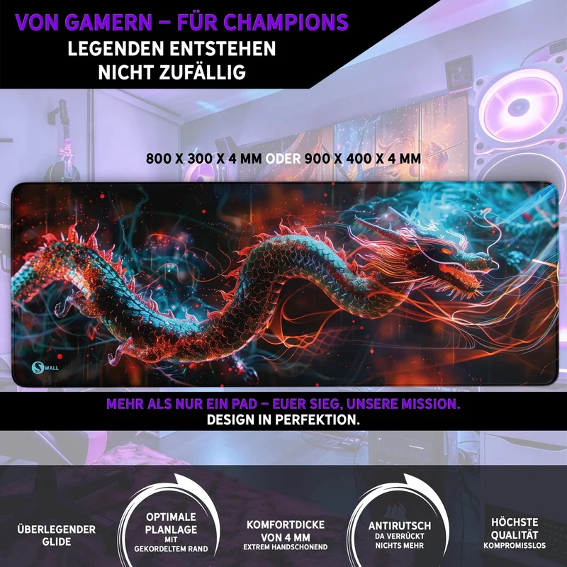Gaming Mauspad XXL Dragon Glow 90x40 | 80x30 | 45x40 cm 4mm Premium Dicke