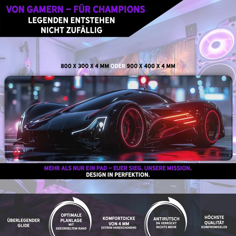 Gaming Mauspad XXL Black Red Car PREMIUM-DICKE 4 MM