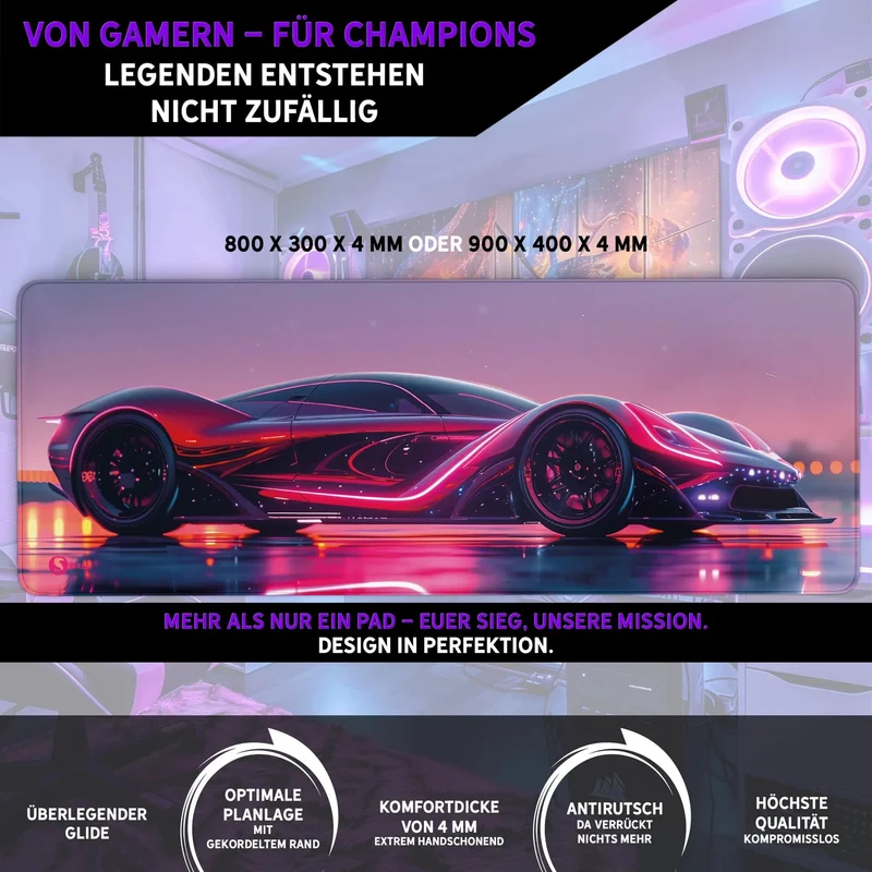 Gaming Mauspad XXL Neon Car 90x40 | 80x30 | 45x40 cm PREMIUM-DICKE 4 MM