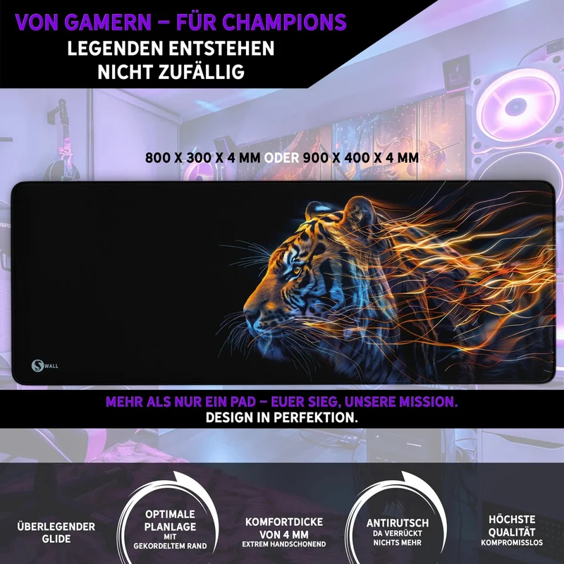 Gaming Mauspad XXL Tiger Data 90x40 | 80x30 | 45x40 cm 4mm Premiumdicke