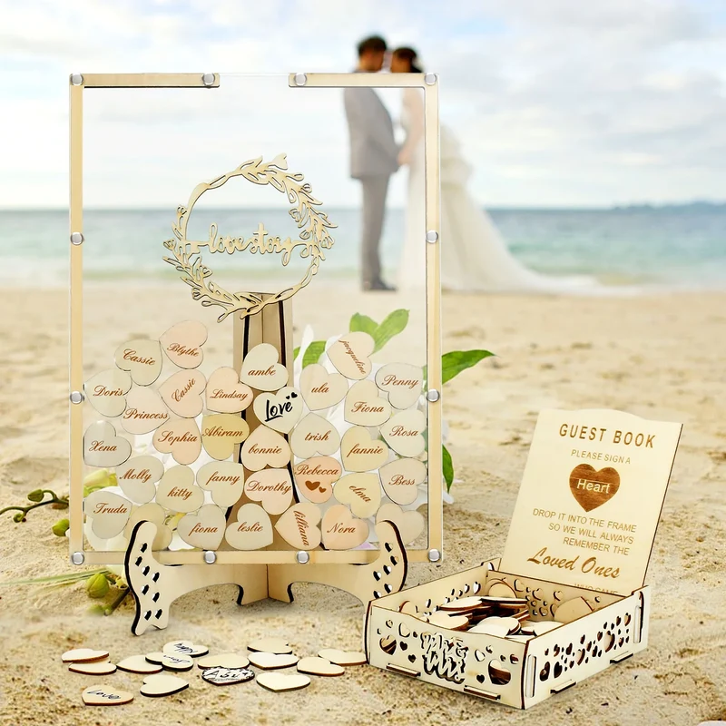 Wholesale Wooden Alternative Wedding Guest Book Rustic Blank Wedding Guest Book Sign with Hearts Wood Photo Frame Drop Box