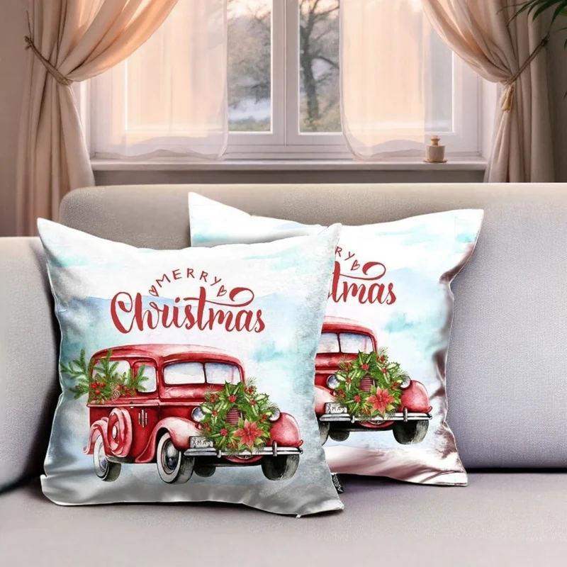 HMS Set of Two 18\" Vintage Luxury Red White Merry Christmas Holiday Van Fabric Throw Pillow Covers Eco-Friendly Metallic Style