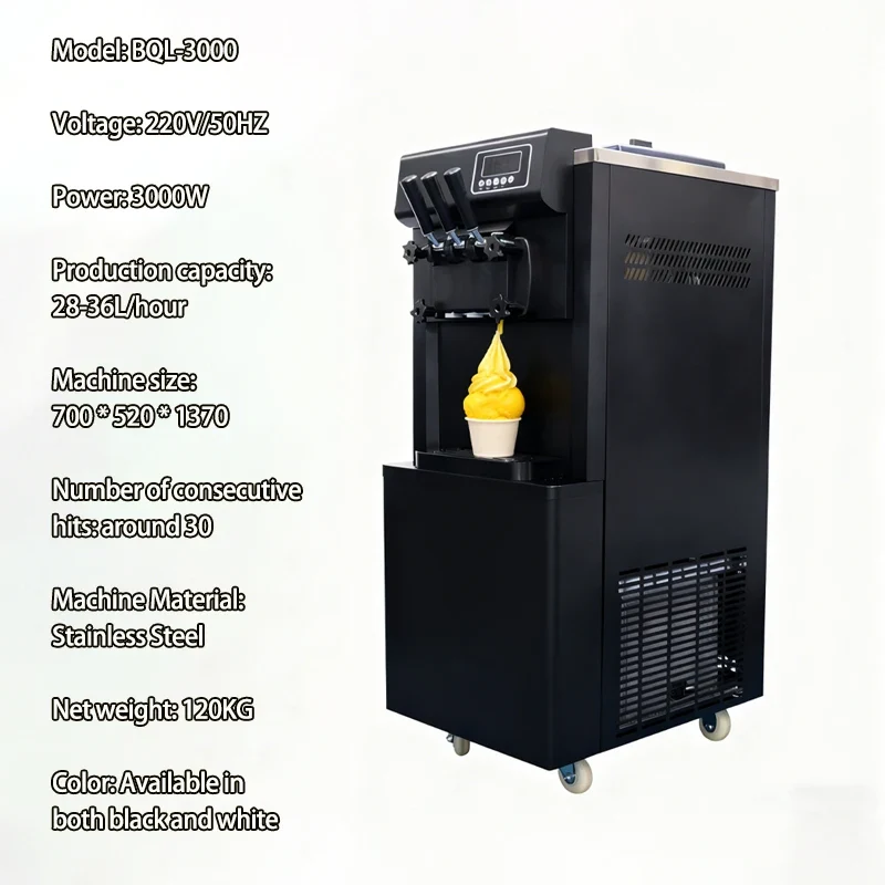 3 Flavors Ice Cream Maker 28-36L/H Fully Automatic Soft Ice Cream Machine with Two Compressor Precooling and Hopper Mixer