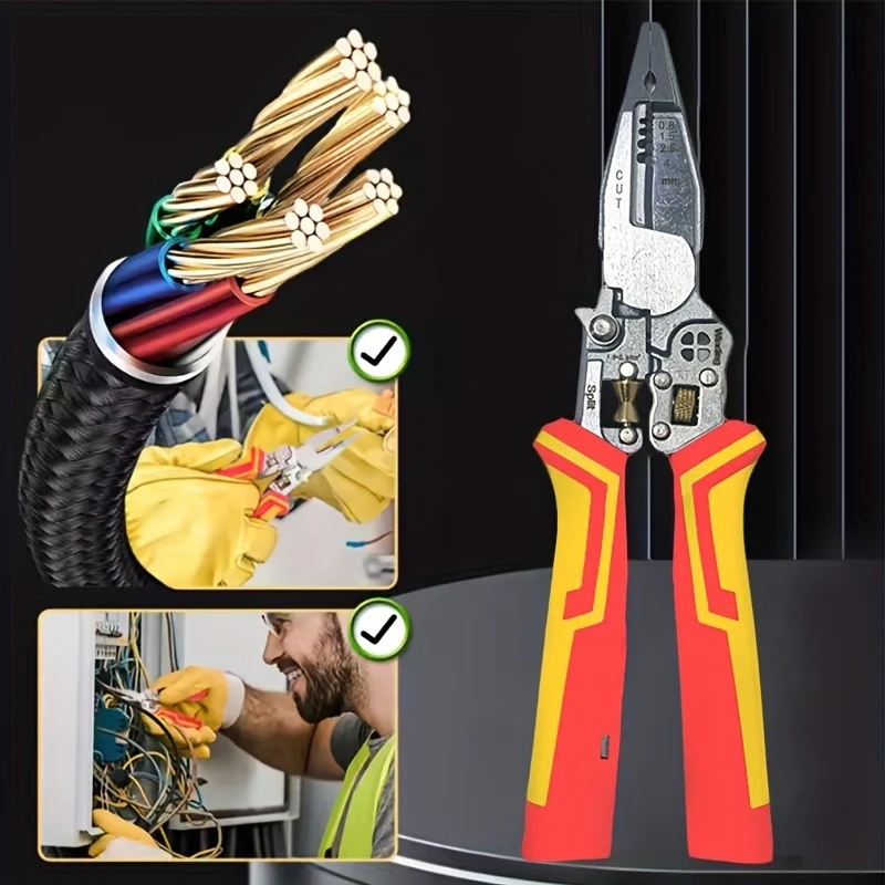 8-in -1 multifunctional wire stripper for electrician with power measurement, wire cutting, cable scissors, multi-purpose wire stripping, wire pressing and wire splitting pliers