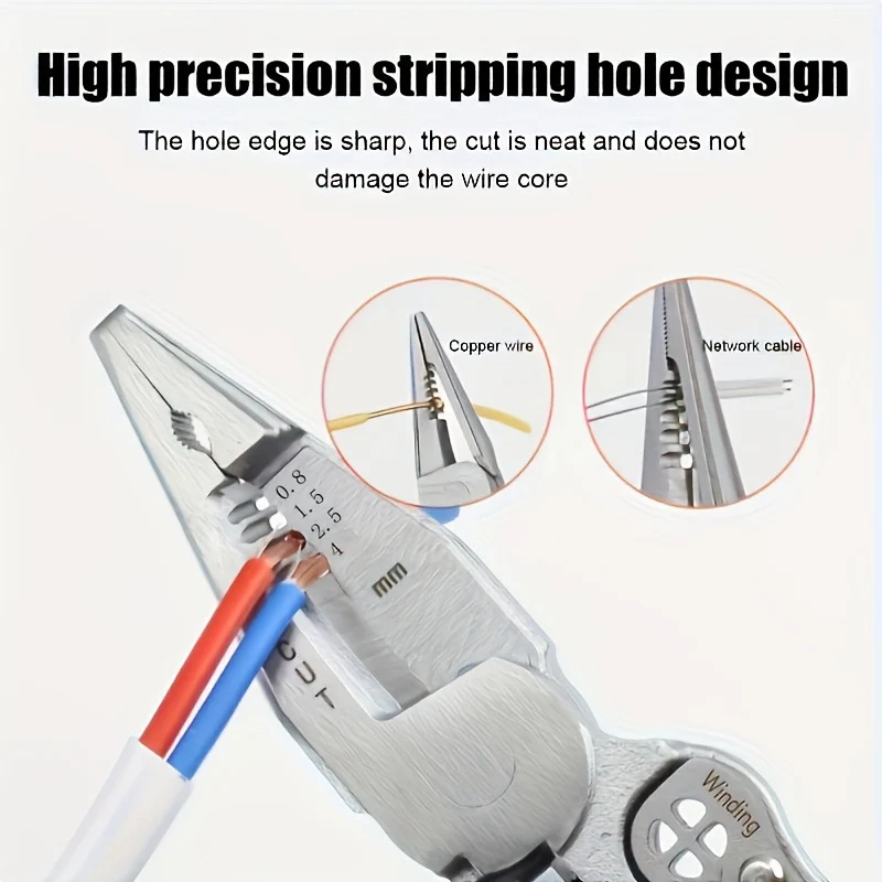 8-in -1 multifunctional wire stripper for electrician with power measurement, wire cutting, cable scissors, multi-purpose wire stripping, wire pressing and wire splitting pliers