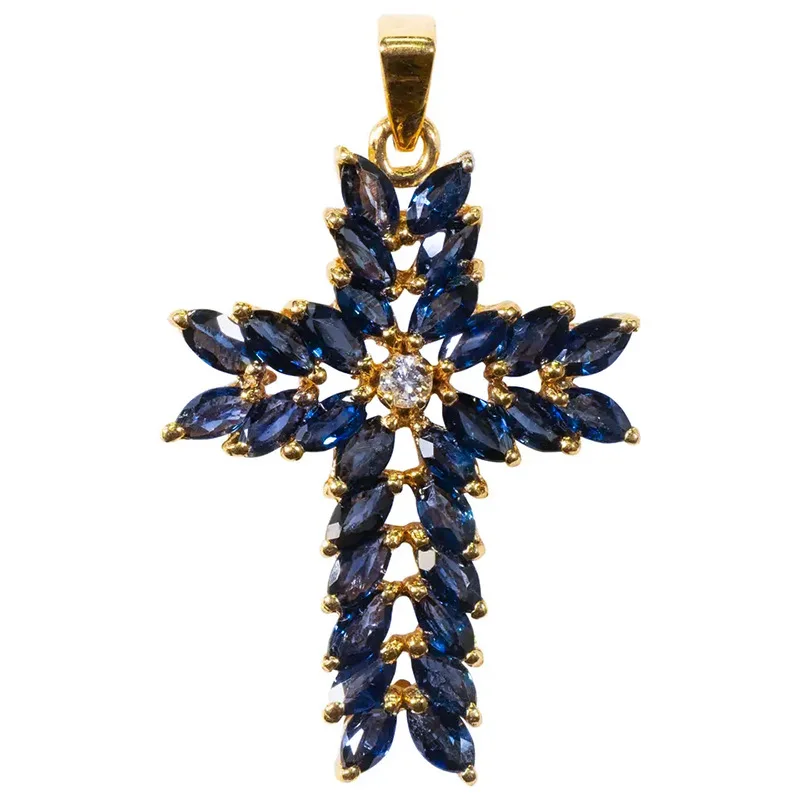 Yellow Gold Cross Pendant With Blue Sapphire And Diamond Religious Jewelry For Women