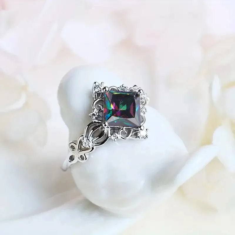Geometric Princess Cut Ring Prong Set Women's Elegant Fashion Jewelry