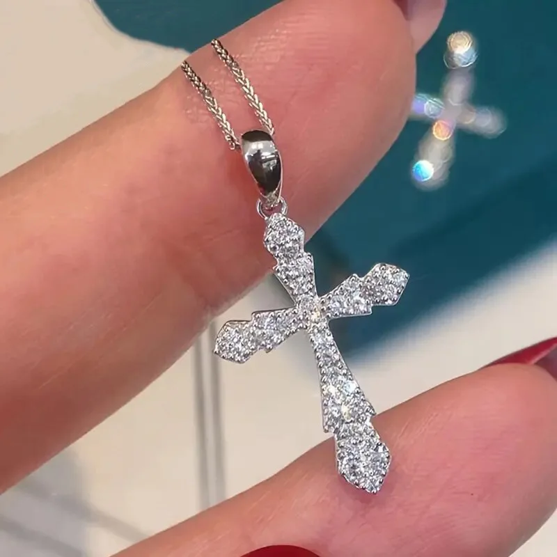 White Gold Cross Pendant With Round Brilliant Cut Diamonds Religious Jewelry Unisex Charm For Ceremonies