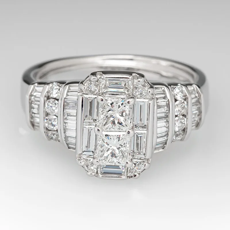 Rectangular Step Cut Womens Ring with Baguette Side Stones Elegant Fashion Jewelry