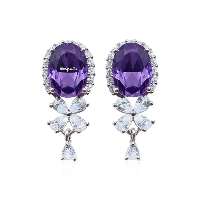 Maegestic Purple Drop Earrings with Oval Gemstone and Pear Cut Crystal Flower Design Zinc Alloy Romantic for Women Party Jewelry