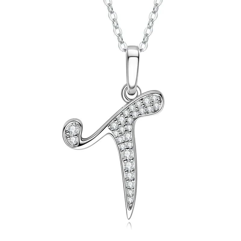Silver Letter T Pendant Necklace Rhodium Plated Crystal Inlay Box Chain Classic Style Unisex Everyday Wear