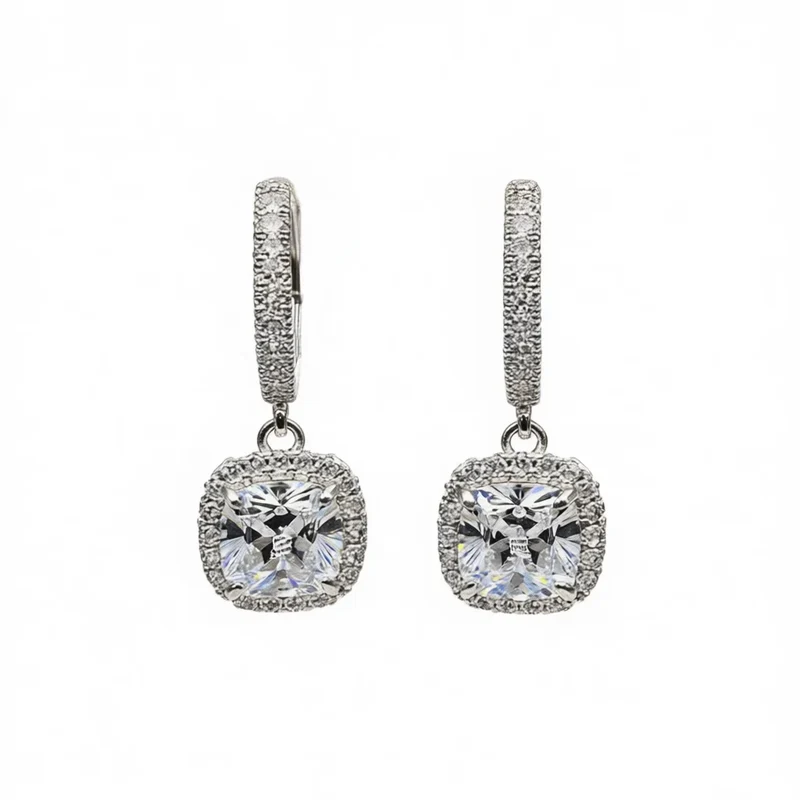 E3096 White Gold Diamond Earrings Cushion Cut D Color Wedding Women's Classic Style