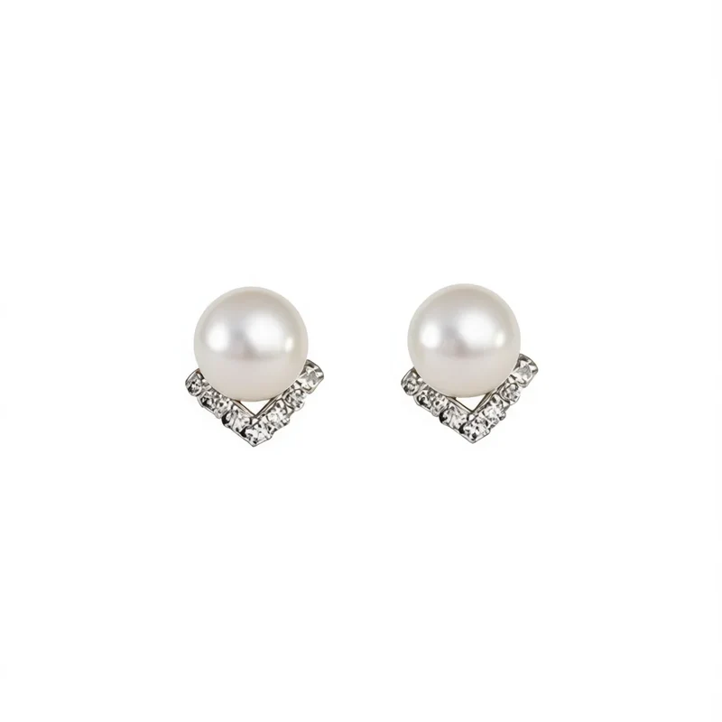 White Gold Faux Pearl Stud Earrings With Crystal Geometric Design For Women Wedding Classic Style Silver Metal