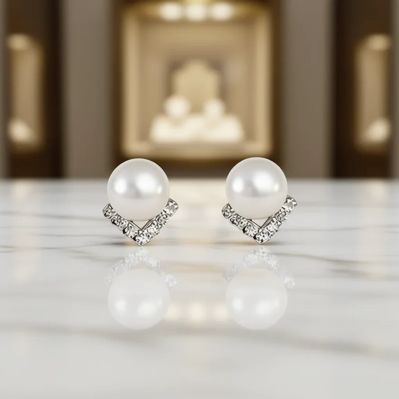 White Gold Faux Pearl Stud Earrings With Crystal Geometric Design For Women Wedding Classic Style Silver Metal