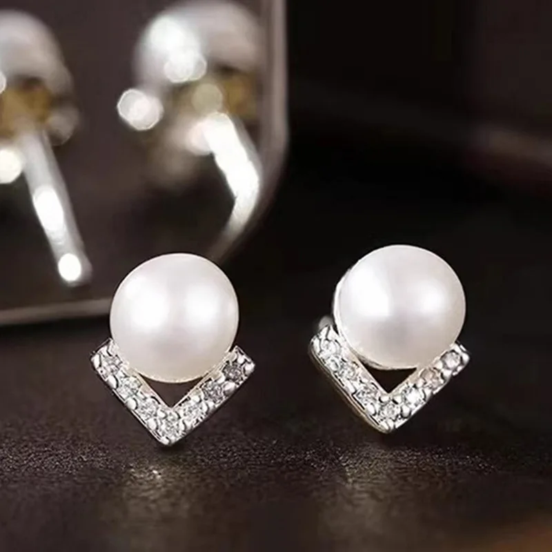 White Gold Faux Pearl Stud Earrings With Crystal Geometric Design For Women Wedding Classic Style Silver Metal