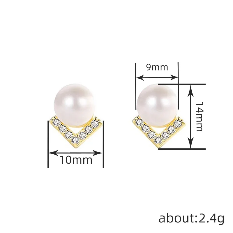 White Gold Faux Pearl Stud Earrings With Crystal Geometric Design For Women Wedding Classic Style Silver Metal