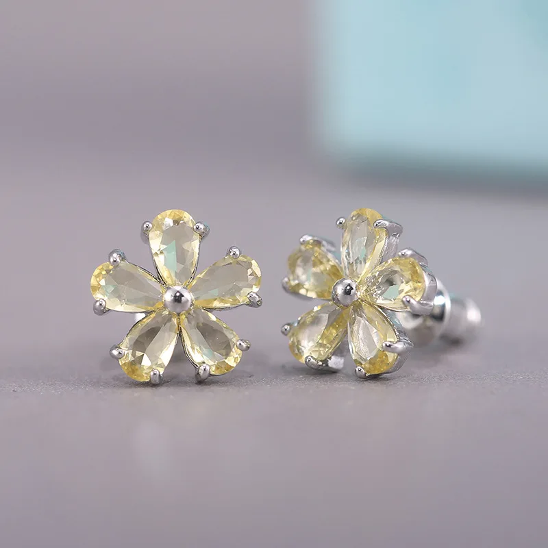 Silver Plated Blue Gemstone Flower Stud Earrings For Women Party Fashion Jewelry Alloy Earring With Claw Setting