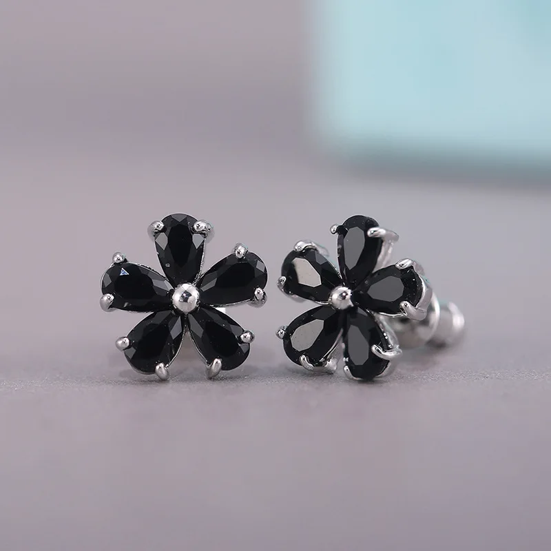 Silver Plated Blue Gemstone Flower Stud Earrings For Women Party Fashion Jewelry Alloy Earring With Claw Setting