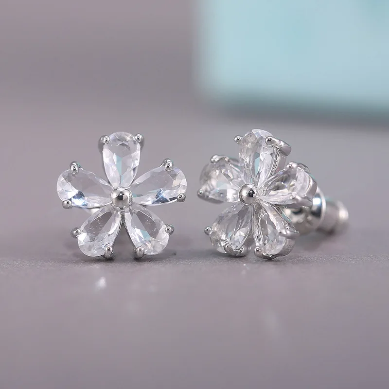 Silver Plated Blue Gemstone Flower Stud Earrings For Women Party Fashion Jewelry Alloy Earring With Claw Setting