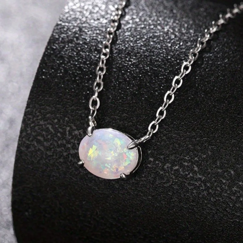 Oval Iridescent Gemstone Pendant Necklace Claw Setting Classic Unisex Link Chain Jewelry