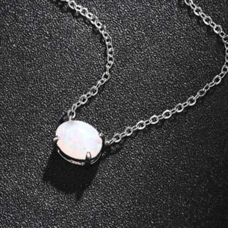 Oval Iridescent Gemstone Pendant Necklace Claw Setting Classic Unisex Link Chain Jewelry