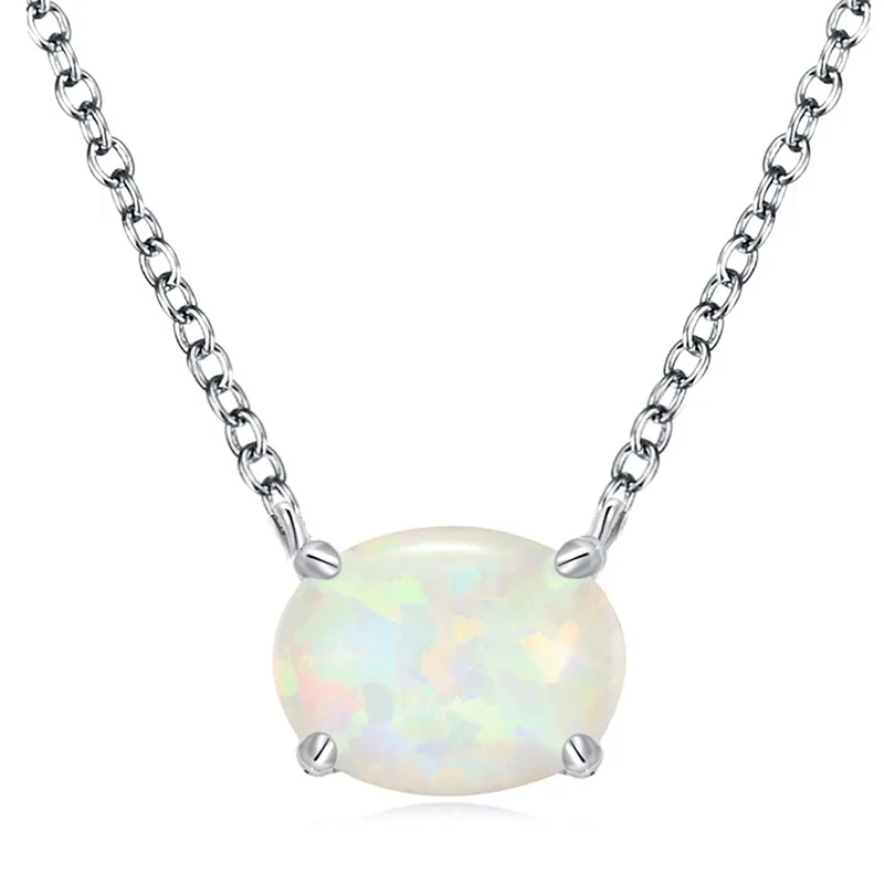 Oval Iridescent Gemstone Pendant Necklace Claw Setting Classic Unisex Link Chain Jewelry