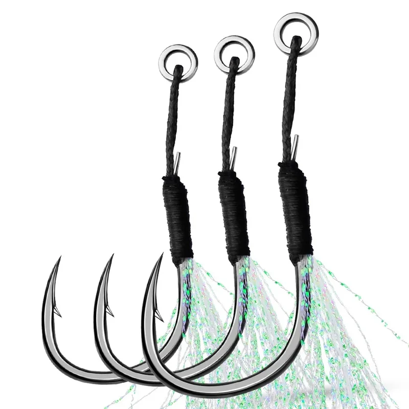 10pcs Fishing Assist Hooks 11#-19# Jigging Assist Hooks Single Fishing Assist Hooks with Bucktail with Feather