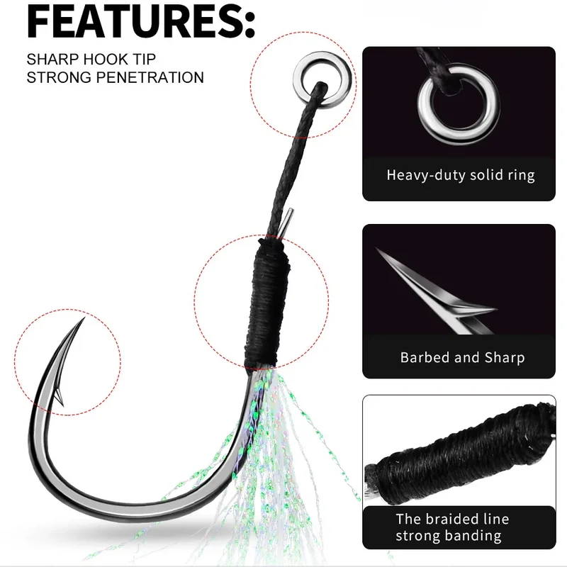 10pcs Fishing Assist Hooks 11#-19# Jigging Assist Hooks Single Fishing Assist Hooks with Bucktail with Feather