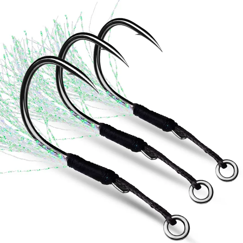 10pcs Fishing Assist Hooks 11#-19# Jigging Assist Hooks Single Fishing Assist Hooks with Bucktail with Feather