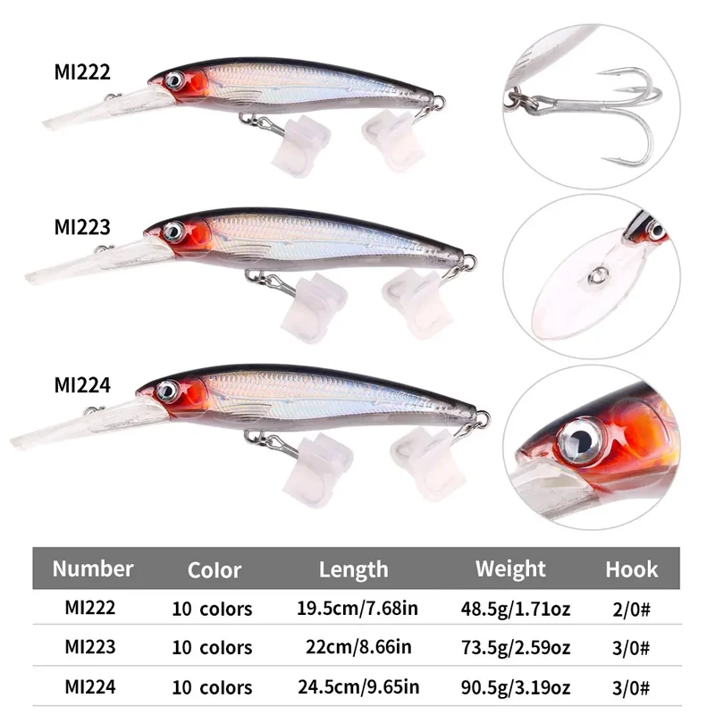 195mm 48g Hard Bait Fishing Sinking Minnow 73g Hard Heavy Minnow Bait 90g Fishing Minnow Lure 10 Colors Available