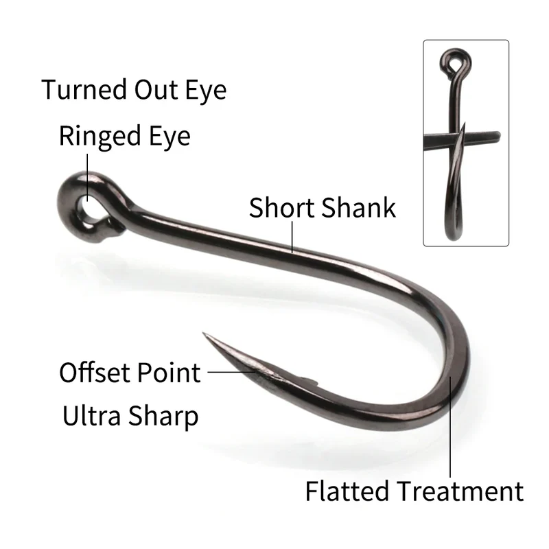 11#-15# Sea Fishing Single Hooks Pipe Hook Handle Short Shank Offset Tip Forged Carbon Steel Black Nickel Barbed Single Hook