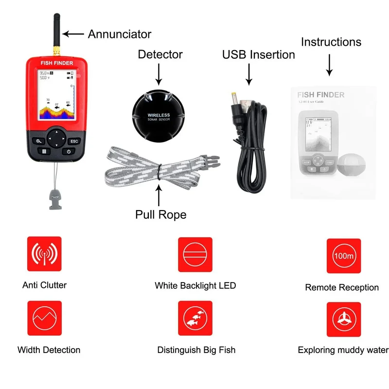 Wireless Sonar Underwater Visual HD Fishing Finder Detector Ultrasonic Fish Finder LCD Display 100m Width and 40m Depth