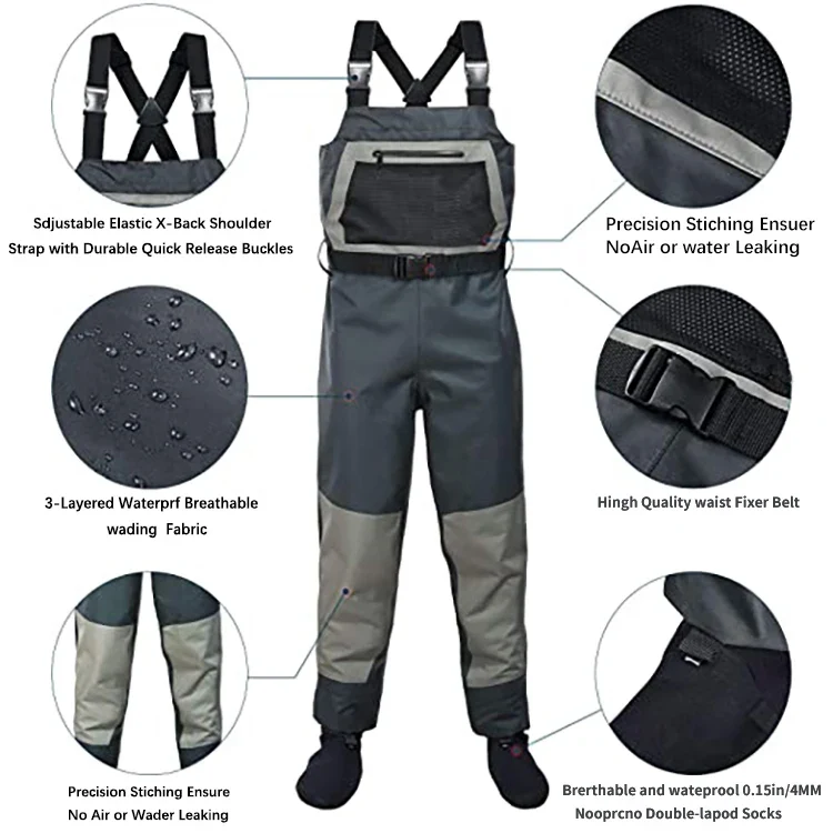 Factory Price in Stock 3 Layer Uninsulated Breathable Waders Sockfoot Best Breathable Waders Fly Fishing Hunting Chest Waders
