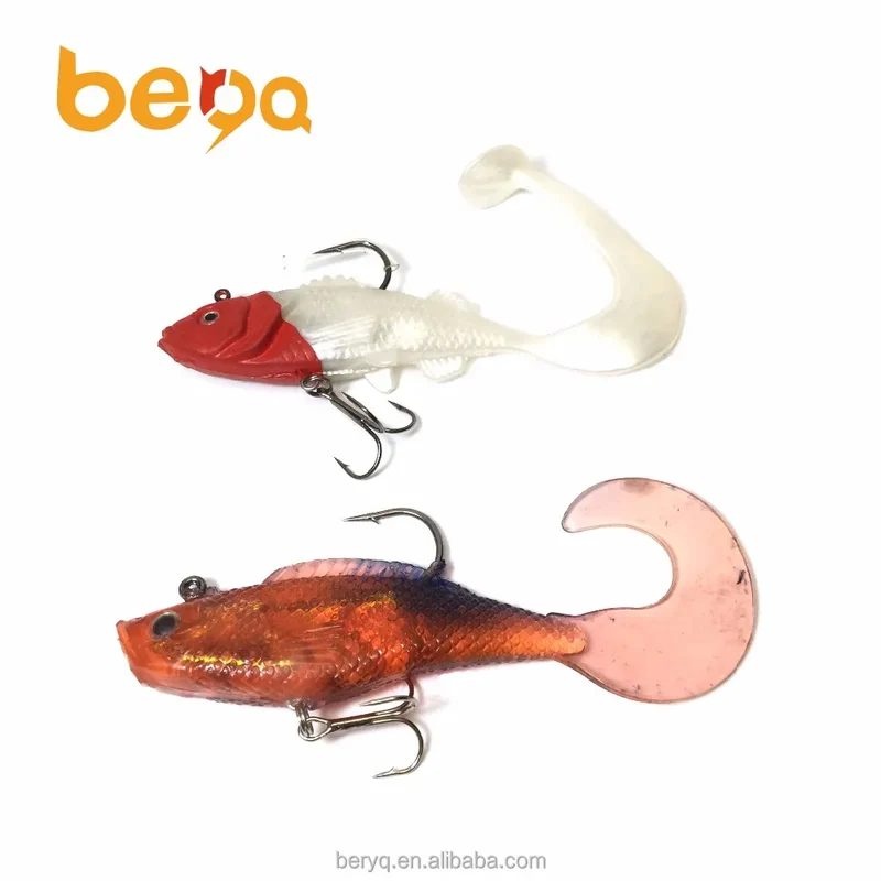 Artificial Minnow Soft Bass Lure with Big Tail Treble Tackle Hooks PVC & Rubber Hard Bait for Sinking Action River Lake Fishing