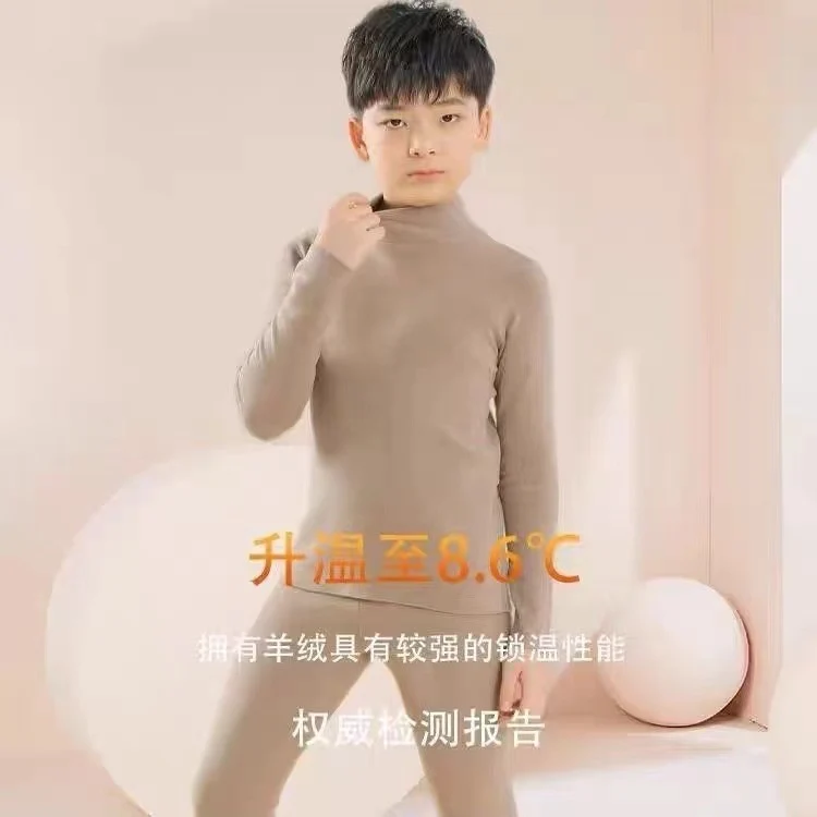 Mid-high collar children's velvet thermal suit for boys ground plush cold-proof one-piece velvet large children's thick thermal underwear