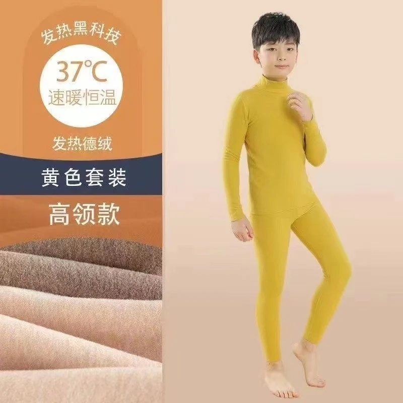 Mid-high collar children's velvet thermal suit for boys ground plush cold-proof one-piece velvet large children's thick thermal underwear