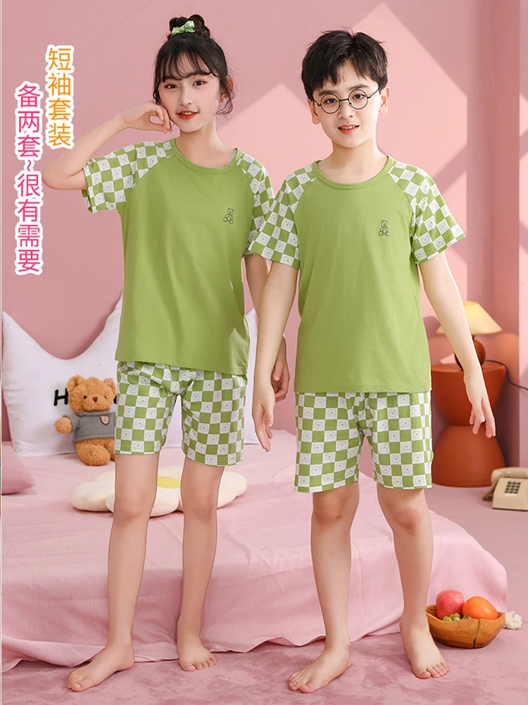 Children's Pajamas, Pure Cotton, Summer Short-Sleeved Shorts Set for Boys, Home Clothes for Girls, Air-Conditioned Clothes for Middle-Aged and Older Boys