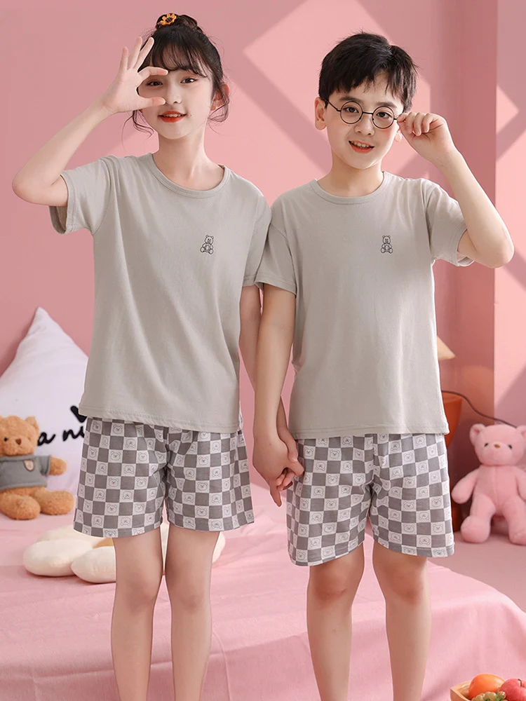Children's Pajamas, Pure Cotton, Summer Short-Sleeved Shorts Set for Boys, Home Clothes for Girls, Air-Conditioned Clothes for Middle-Aged and Older Boys