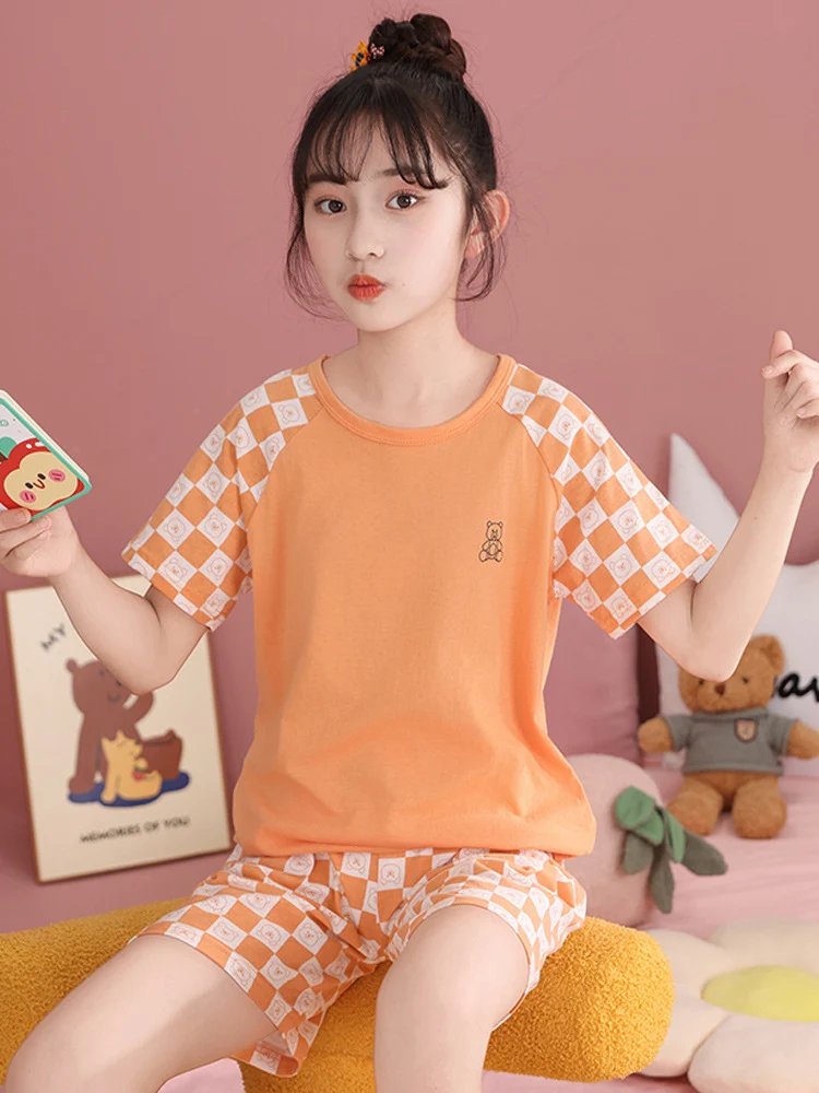 Children's Pajamas, Pure Cotton, Summer Short-Sleeved Shorts Set for Boys, Home Clothes for Girls, Air-Conditioned Clothes for Middle-Aged and Older Boys