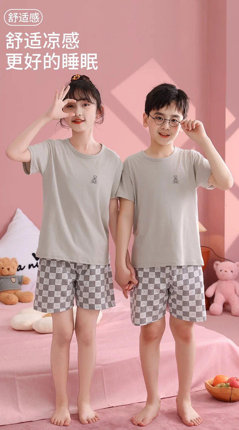 Children's Pajamas, Pure Cotton, Summer Short-Sleeved Shorts Set for Boys, Home Clothes for Girls, Air-Conditioned Clothes for Middle-Aged and Older Boys
