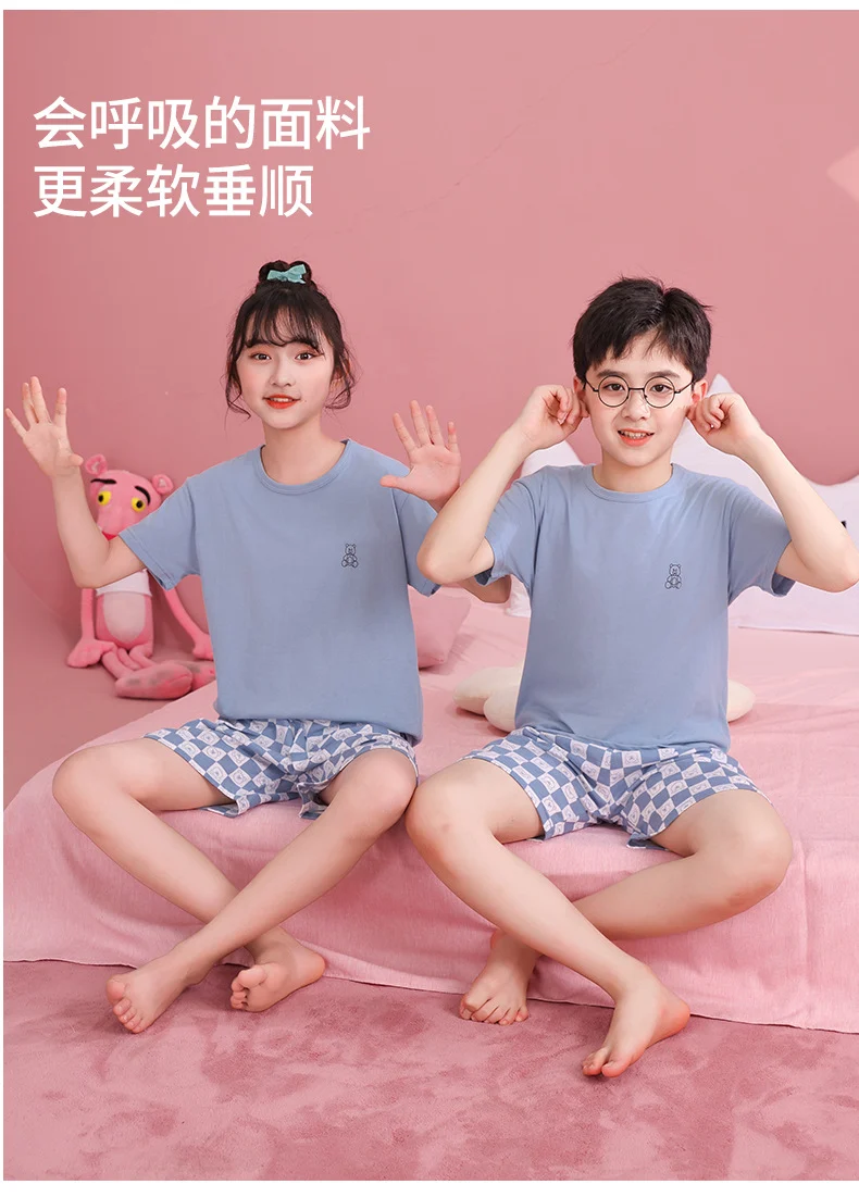 Children's Pajamas, Pure Cotton, Summer Short-Sleeved Shorts Set for Boys, Home Clothes for Girls, Air-Conditioned Clothes for Middle-Aged and Older Boys
