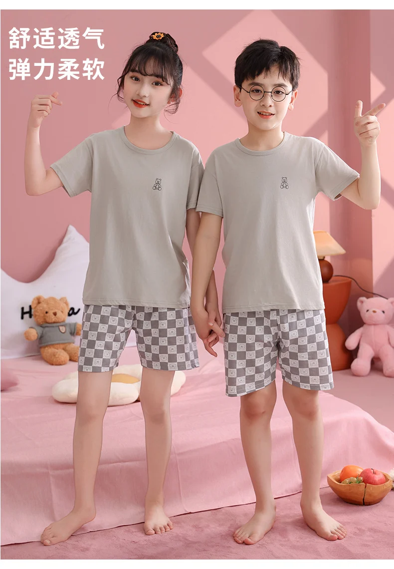 Children's Pajamas, Pure Cotton, Summer Short-Sleeved Shorts Set for Boys, Home Clothes for Girls, Air-Conditioned Clothes for Middle-Aged and Older Boys