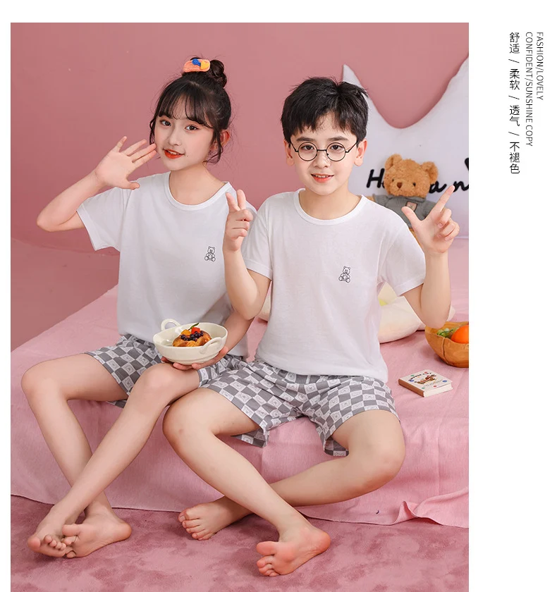 Children's Pajamas, Pure Cotton, Summer Short-Sleeved Shorts Set for Boys, Home Clothes for Girls, Air-Conditioned Clothes for Middle-Aged and Older Boys