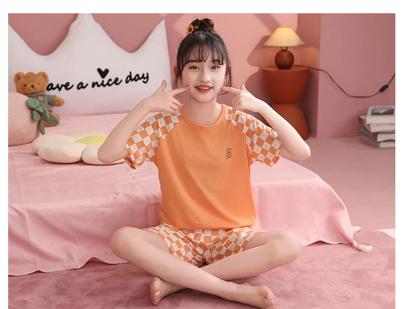 Children's Pajamas, Pure Cotton, Summer Short-Sleeved Shorts Set for Boys, Home Clothes for Girls, Air-Conditioned Clothes for Middle-Aged and Older Boys
