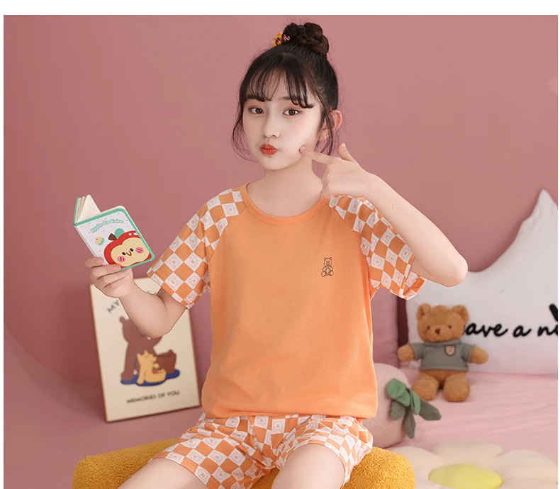 Children's Pajamas, Pure Cotton, Summer Short-Sleeved Shorts Set for Boys, Home Clothes for Girls, Air-Conditioned Clothes for Middle-Aged and Older Boys