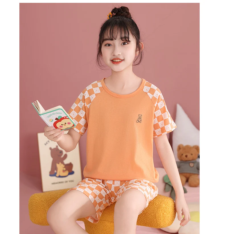 Children's Pajamas, Pure Cotton, Summer Short-Sleeved Shorts Set for Boys, Home Clothes for Girls, Air-Conditioned Clothes for Middle-Aged and Older Boys